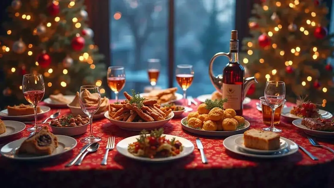 Savoury nibbles and drinks on a Christmas table