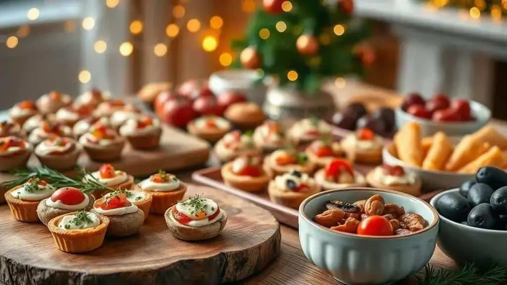 Savoury tartlets and bowls of snacks on a Christmas buffet table