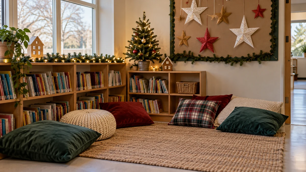 School reading corner with modest Christmas decorations