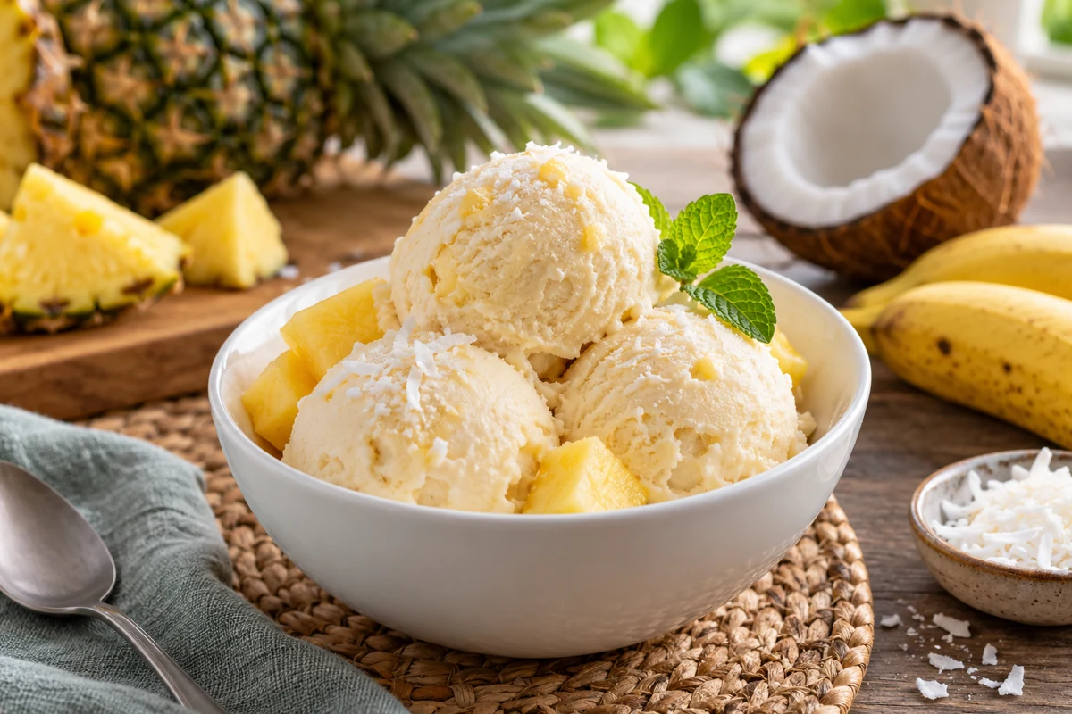 Scoops of dairy-free pineapple and coconut dessert
