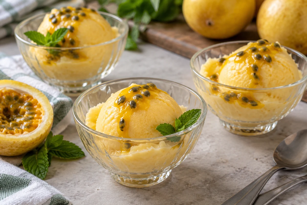Scoops of frozen passion fruit dessert