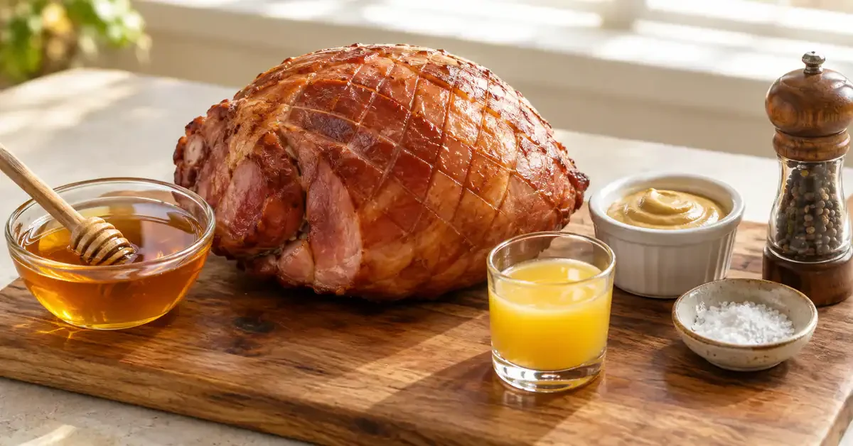 Scored cooked ham beside its glaze ingredients