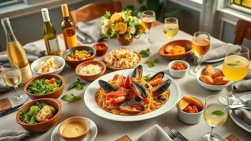 Seafood and side dishes arranged for a meal
