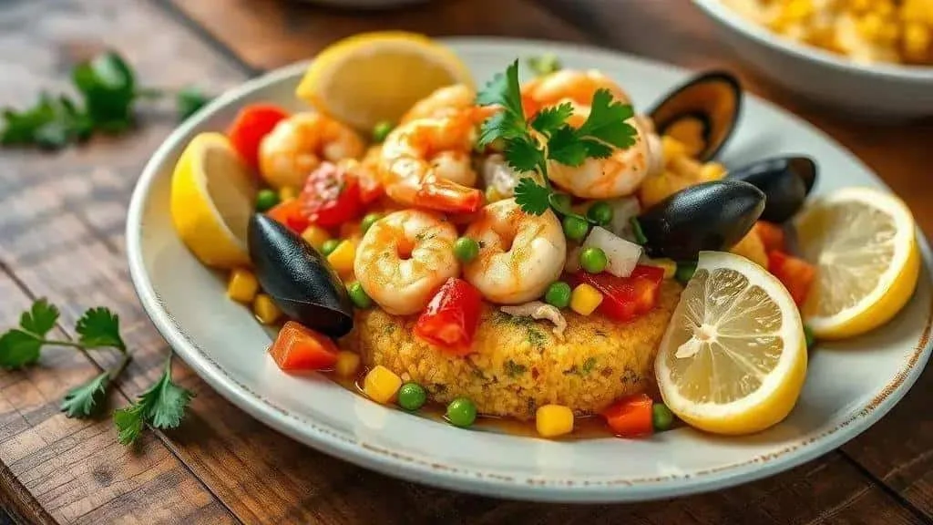 Seafood cuscuz paulista with prawns and lemon