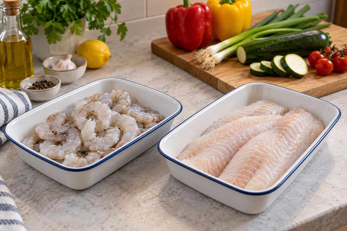 Seafood on a separate tray beside prepared vegetables