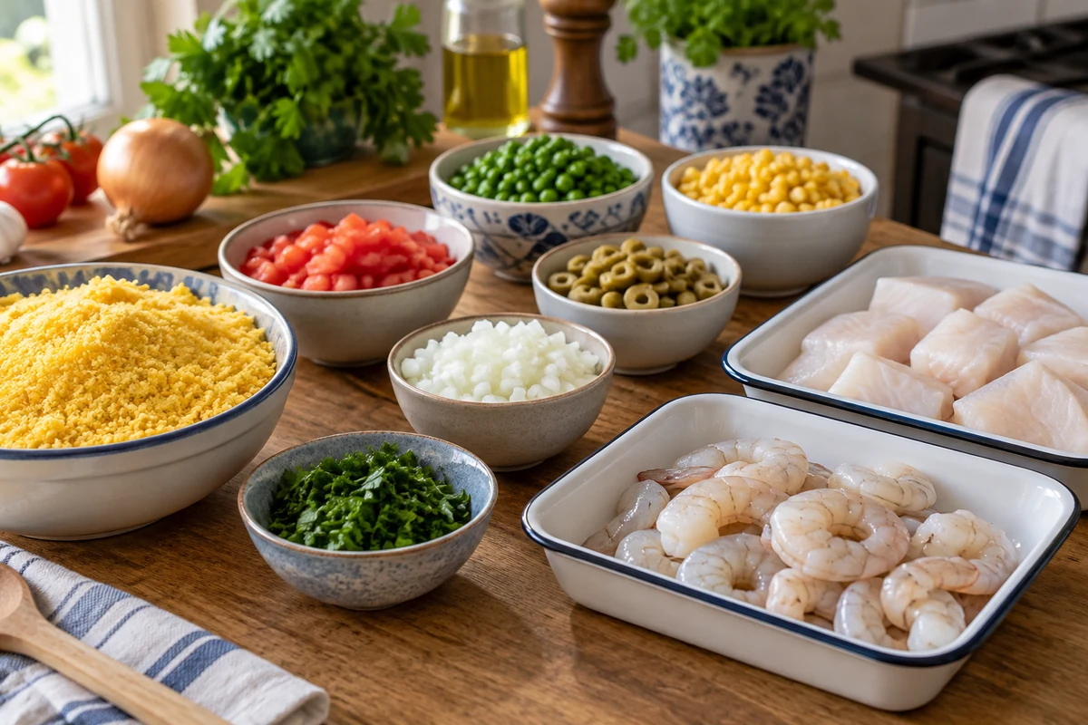 Seafood, vegetables and cornmeal in separate bowls