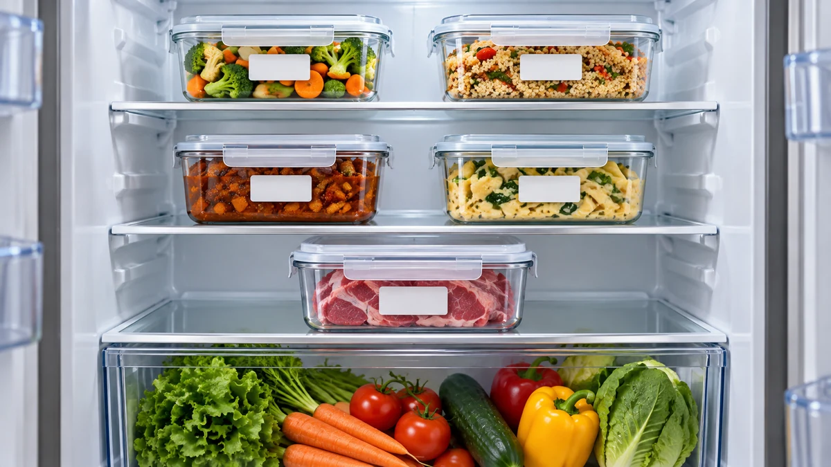 Sealed food containers arranged in a clean refrigerator