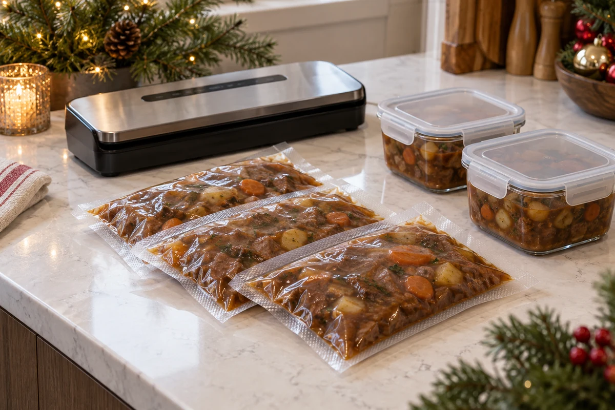 Sealed portions of prepared food beside freezer containers Sealed portions of prepared food beside freezer containers