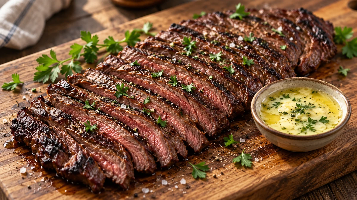 Seared bavette steak with garlic butter