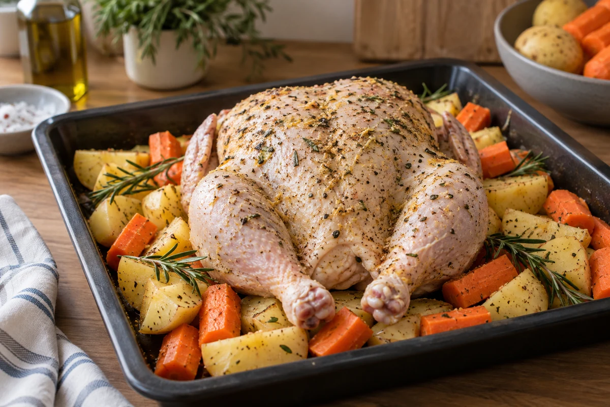 Seasoned raw chicken and potatoes in a roasting tray