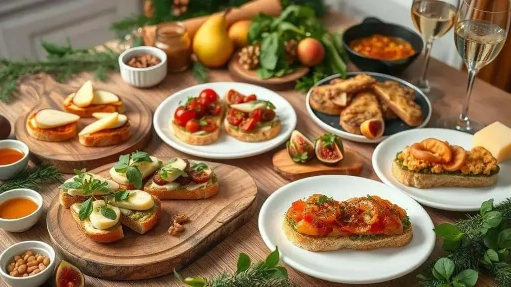 Selection of festive bruschetta toppings on serving boards Selection of festive bruschetta toppings on serving boards