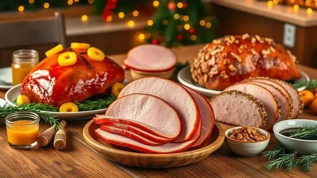Selection of glazed and nut-crusted ham dishes