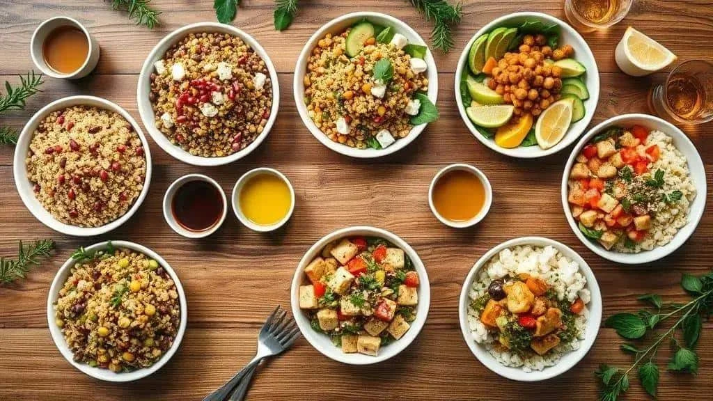 Selection of quinoa salads with different toppings
