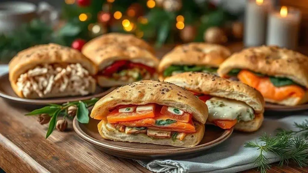 Selection of savoury filled bread with chicken vegetables cheese and salmon