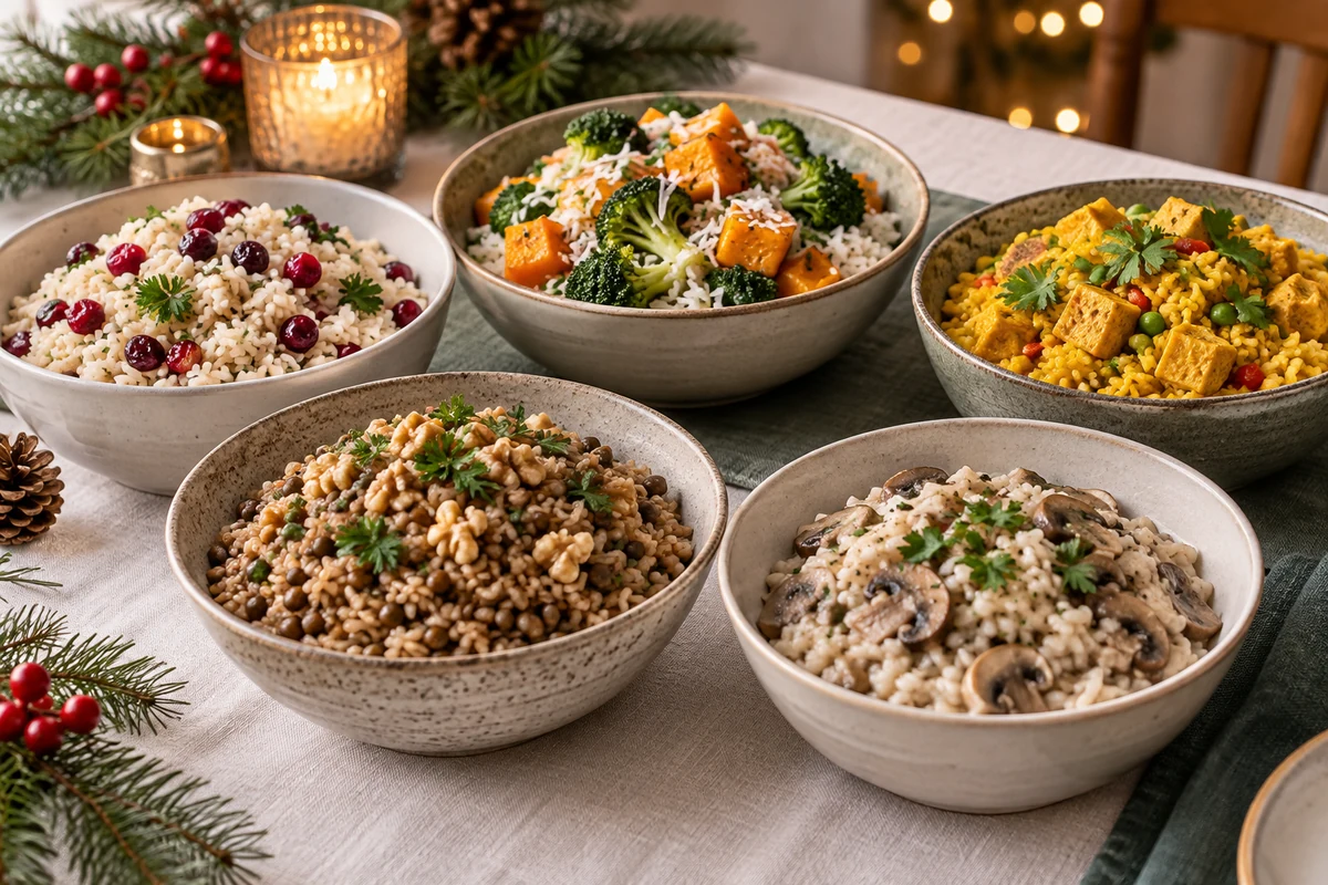 Selection of vegan rice dishes with vegetables lentils and tofu