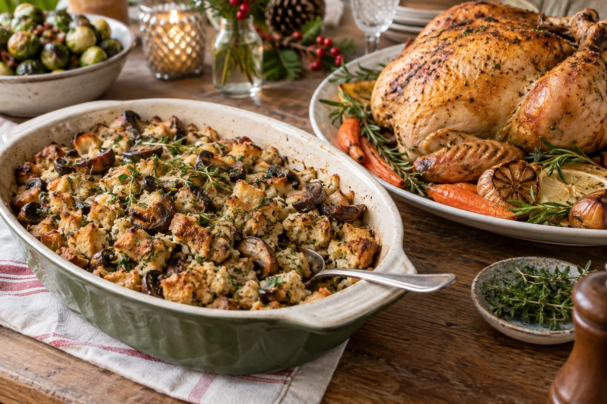 Separate baked bread stuffing with mushrooms and herbs beside a roast chicken platter