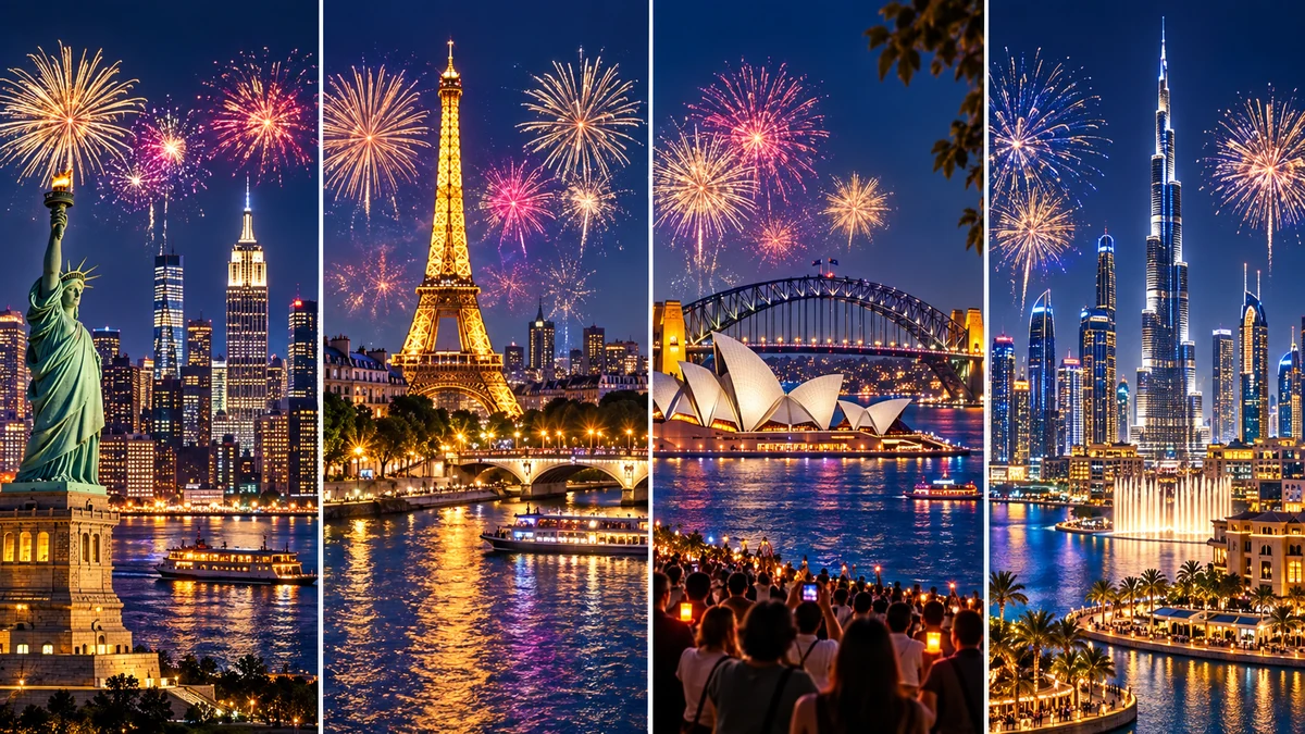 Separate city panels illustrating international New Year travel ideas