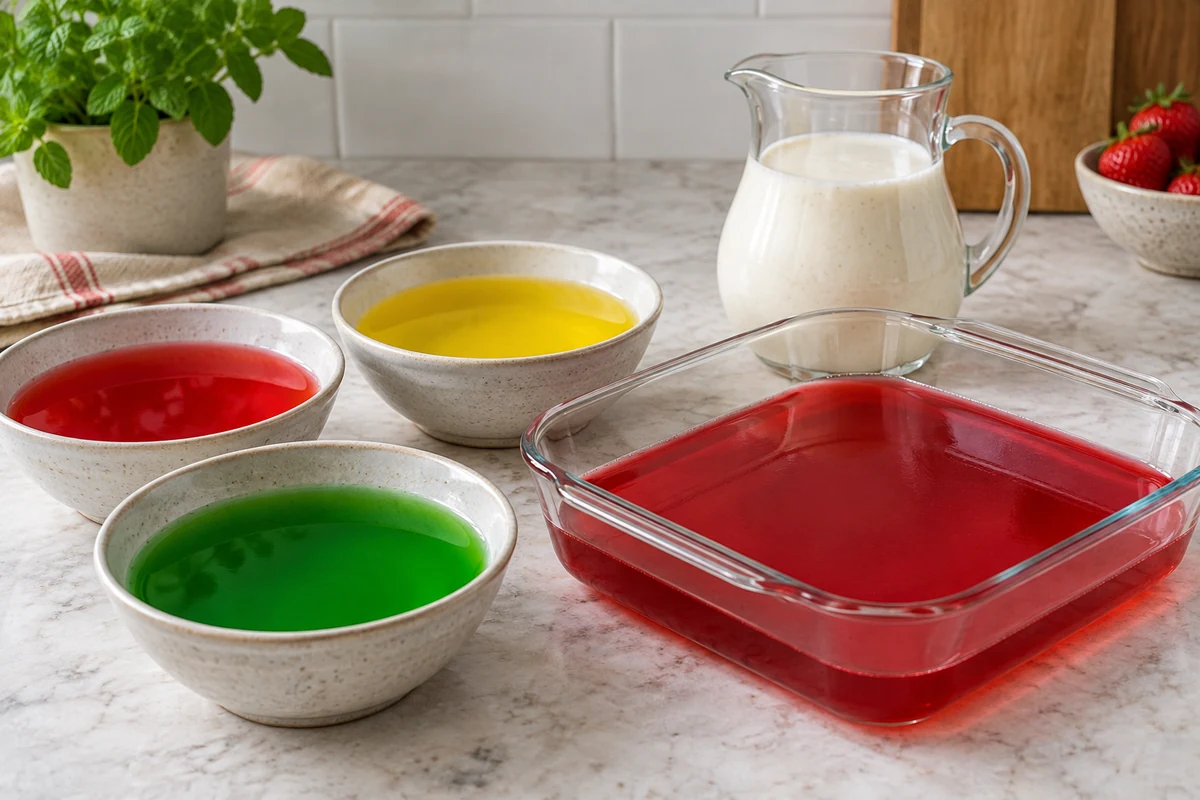 Separate coloured jelly mixtures cooling beside a layered jelly Separate coloured jelly mixtures cooling beside a layered jelly