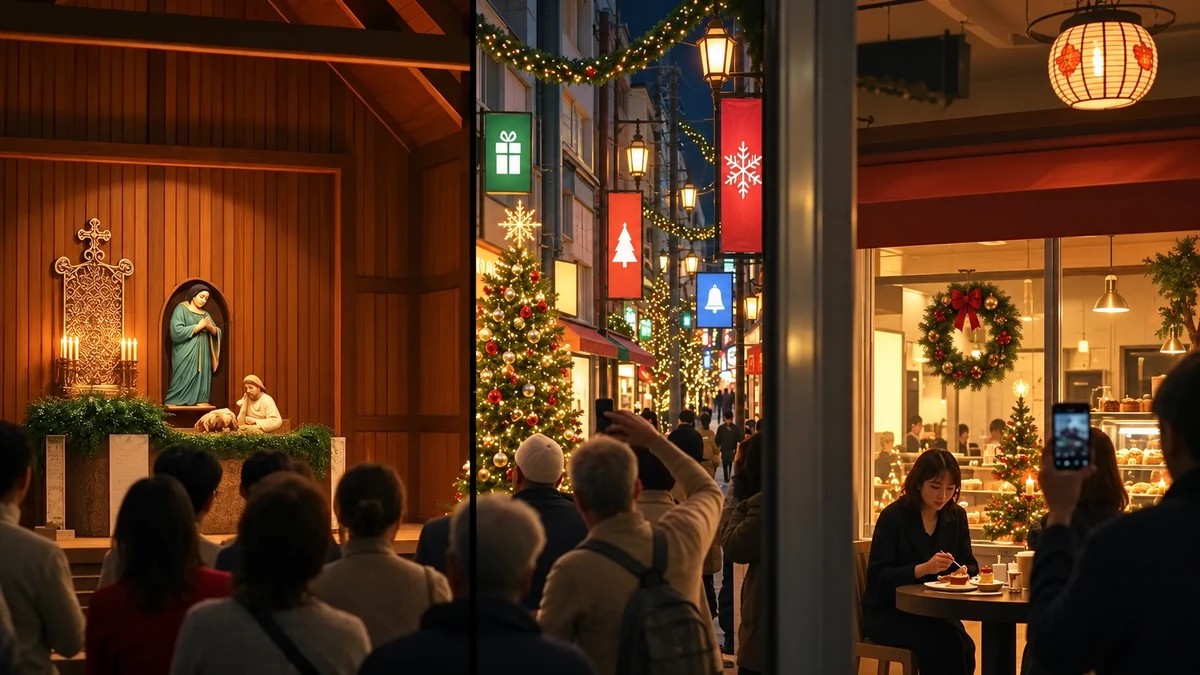 Separate illustrations of a church service Christmas street and cafe in Japan Separate illustrations of a church service Christmas street and cafe in Japan