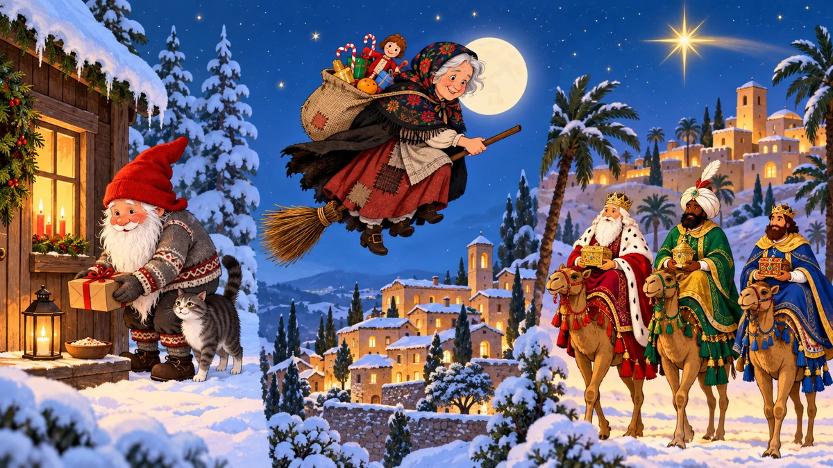 Separate illustrations of a nisse Befana and the Three Kings