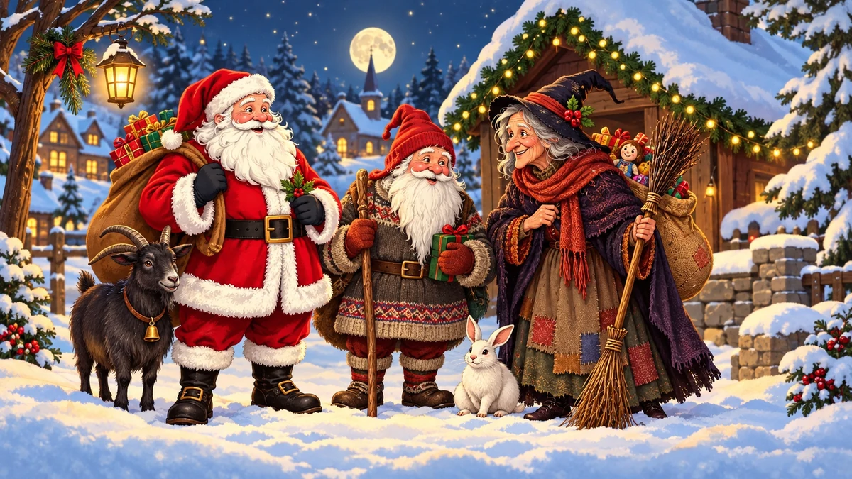 Separate illustrations of Father Christmas a nisse and Befana