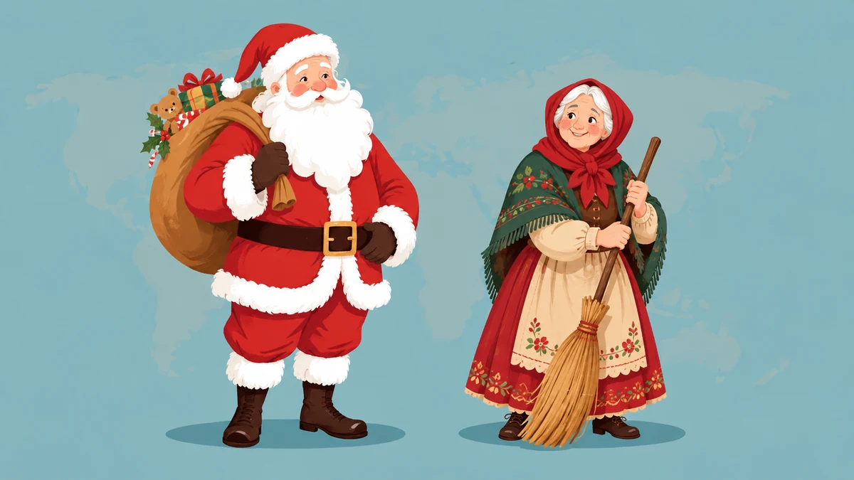 Separate illustrations of Father Christmas and the Italian Befana