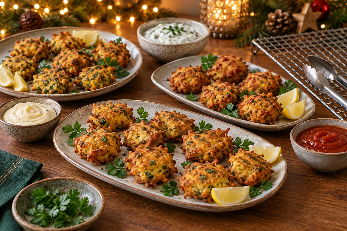 Separate platters of Christmas fritters with sauces