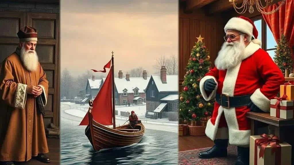Separate scenes illustrating changes in Christmas gift-giver traditions Separate scenes illustrating changes in Christmas gift-giver traditions