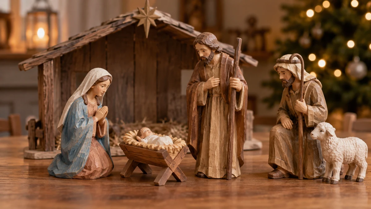 Separate wooden Nativity figures ready for assembly