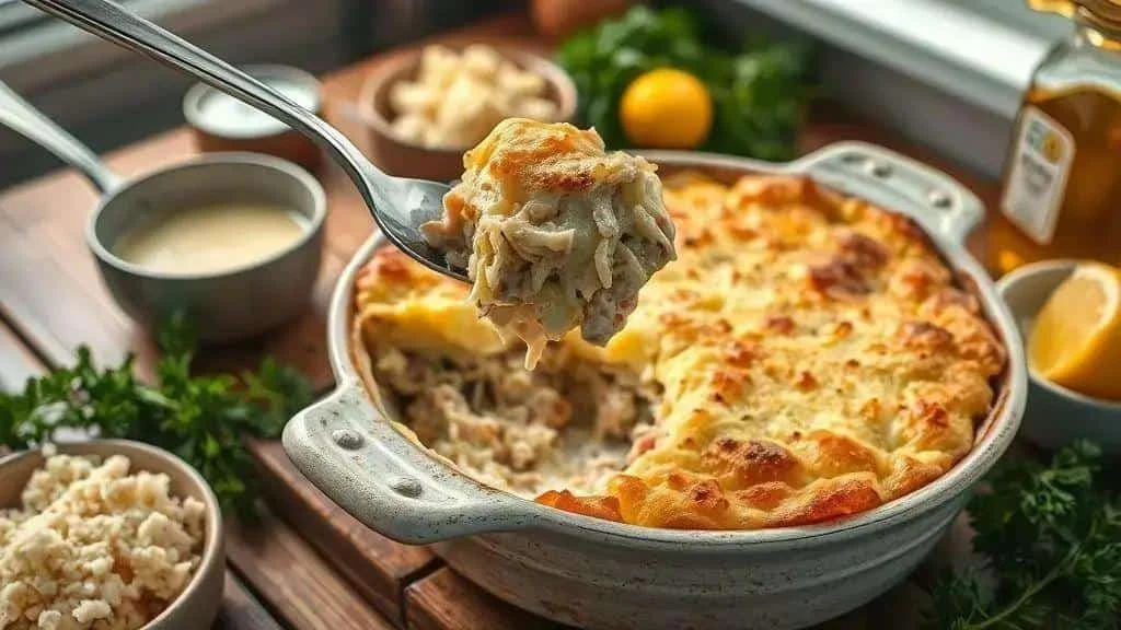 Serving a spoonful of golden salt cod gratin Serving a spoonful of golden salt cod gratin