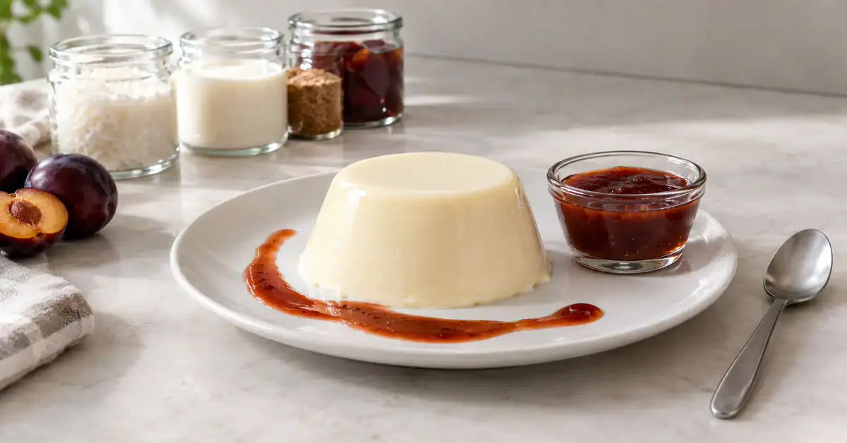 White coconut pudding served with sauce on the side