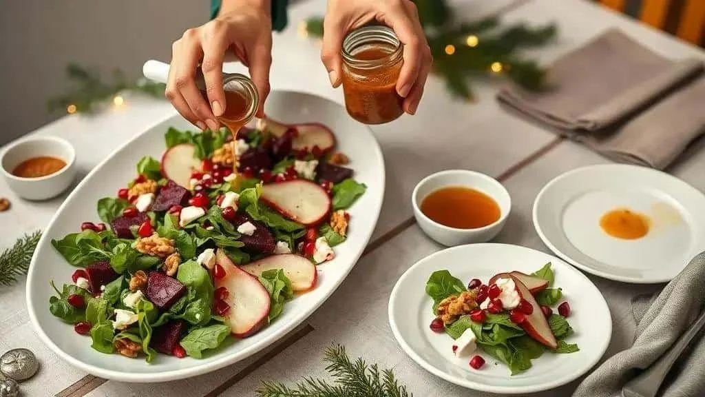 Serving individual portions of a Christmas salad Serving individual portions of a Christmas salad