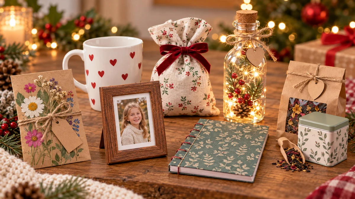 Seven handmade gift ideas on a craft table