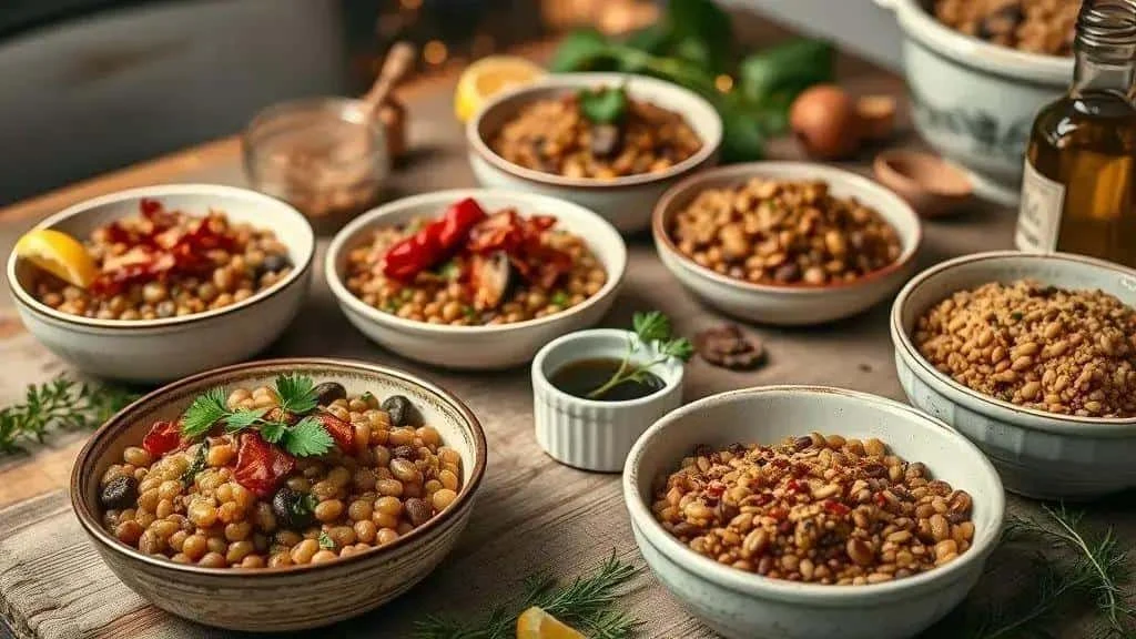 Several lentil dishes with different toppings on a kitchen counter