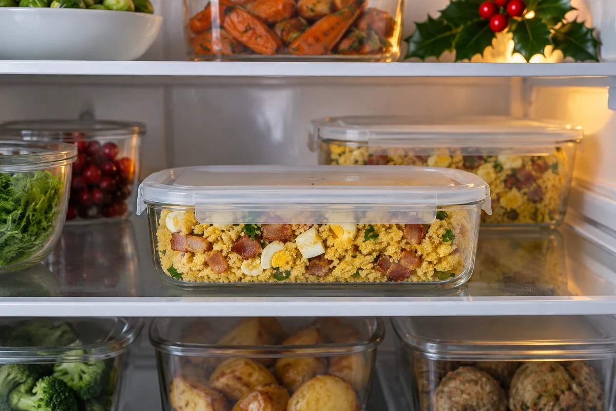 Shallow covered containers of bacon and egg farofa in a clean refrigerator