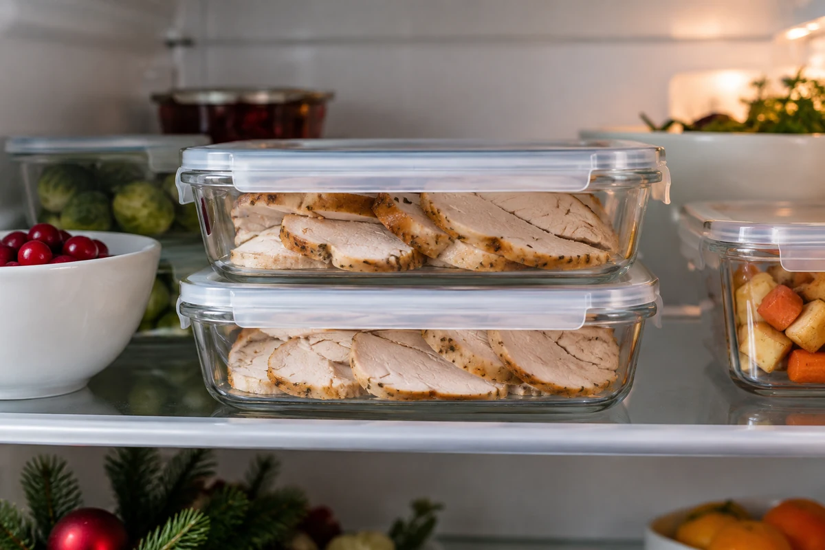 Shallow covered containers of cooked turkey breast slices on a clean refrigerator shelf