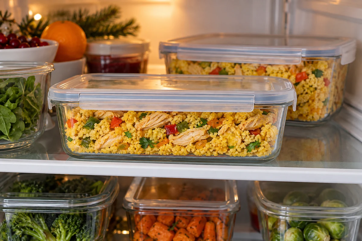 Shallow covered containers of yellow corn cuscuz with chicken and vegetables in a refrigerator Shallow covered containers of yellow corn cuscuz with chicken and vegetables in a refrigerator