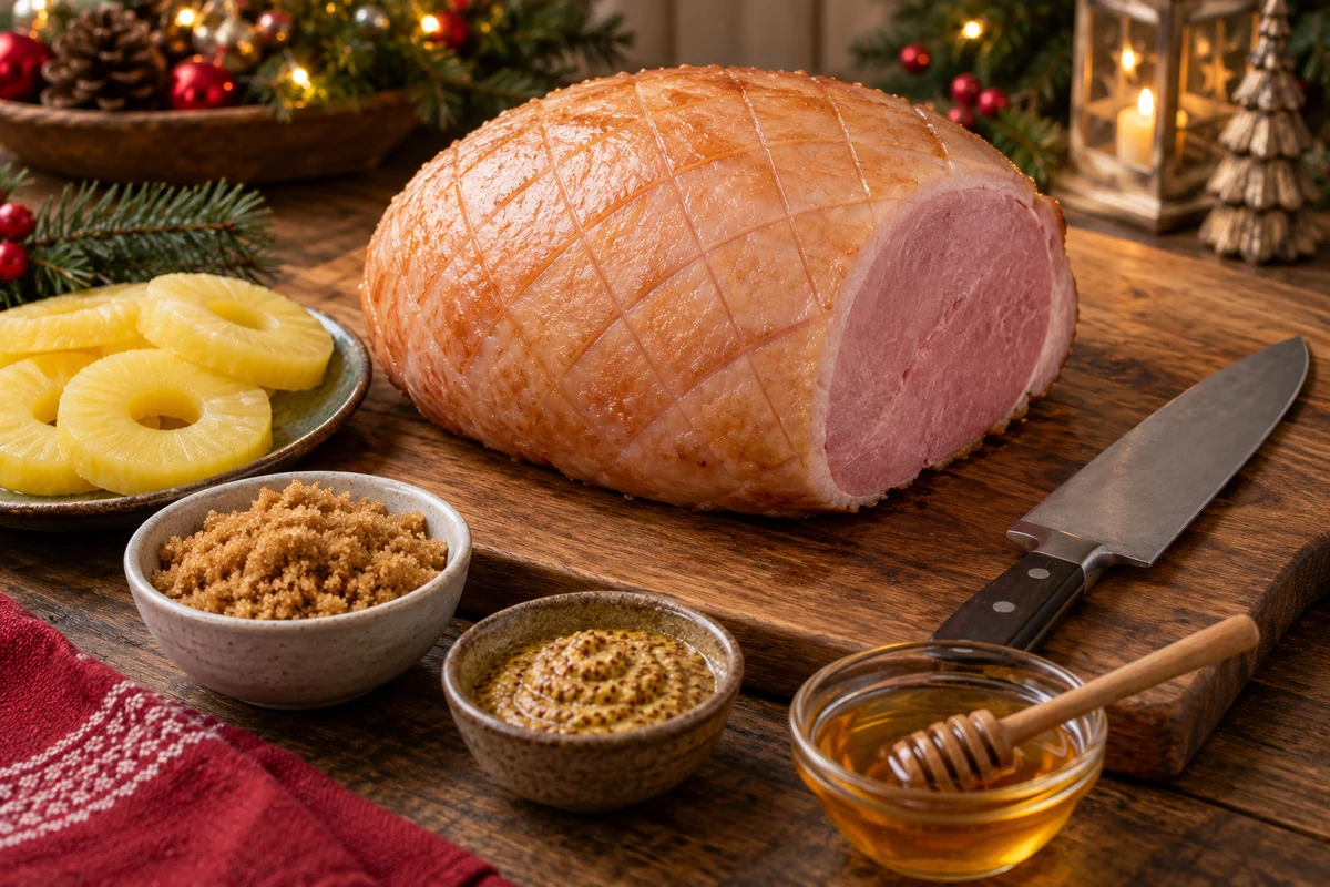 Shallow diamond scoring on the fat of a cooked ham