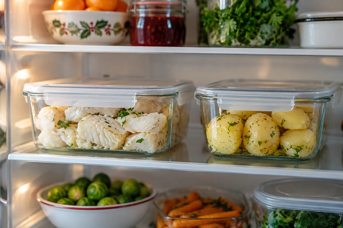 Shallow sealed containers of cooked salt cod and potatoes on a clean refrigerator shelf Shallow sealed containers of cooked salt cod and potatoes on a clean refrigerator shelf