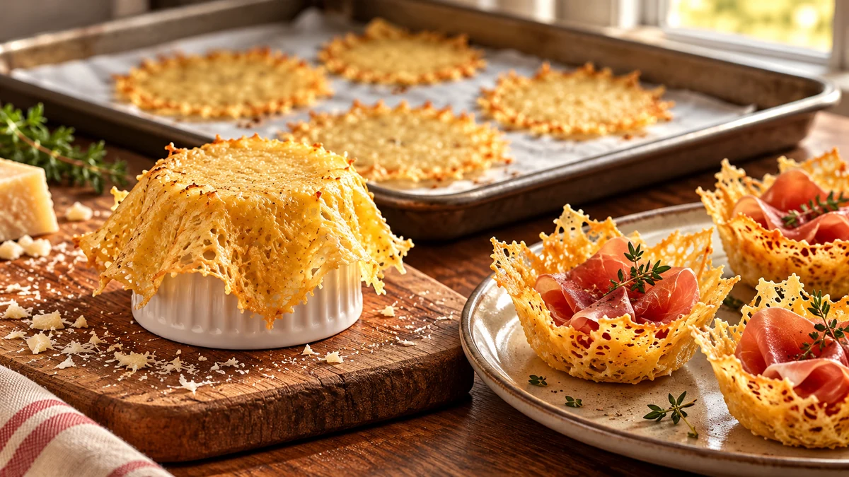 Shaping a Parmesan crisp over an inverted heatproof ramekin Shaping a Parmesan crisp over an inverted heatproof ramekin
