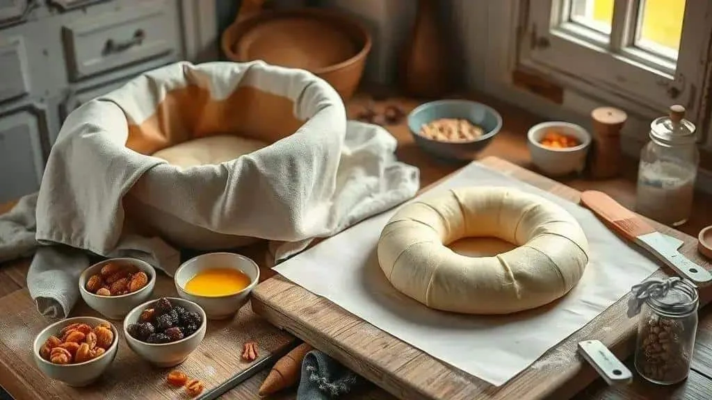 Shaping a ring of enriched dough on baking parchment