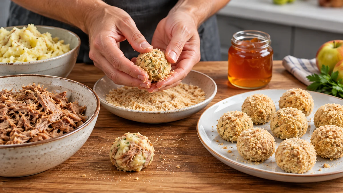 Shaping and coating pulled pork croquettes Shaping and coating pulled pork croquettes