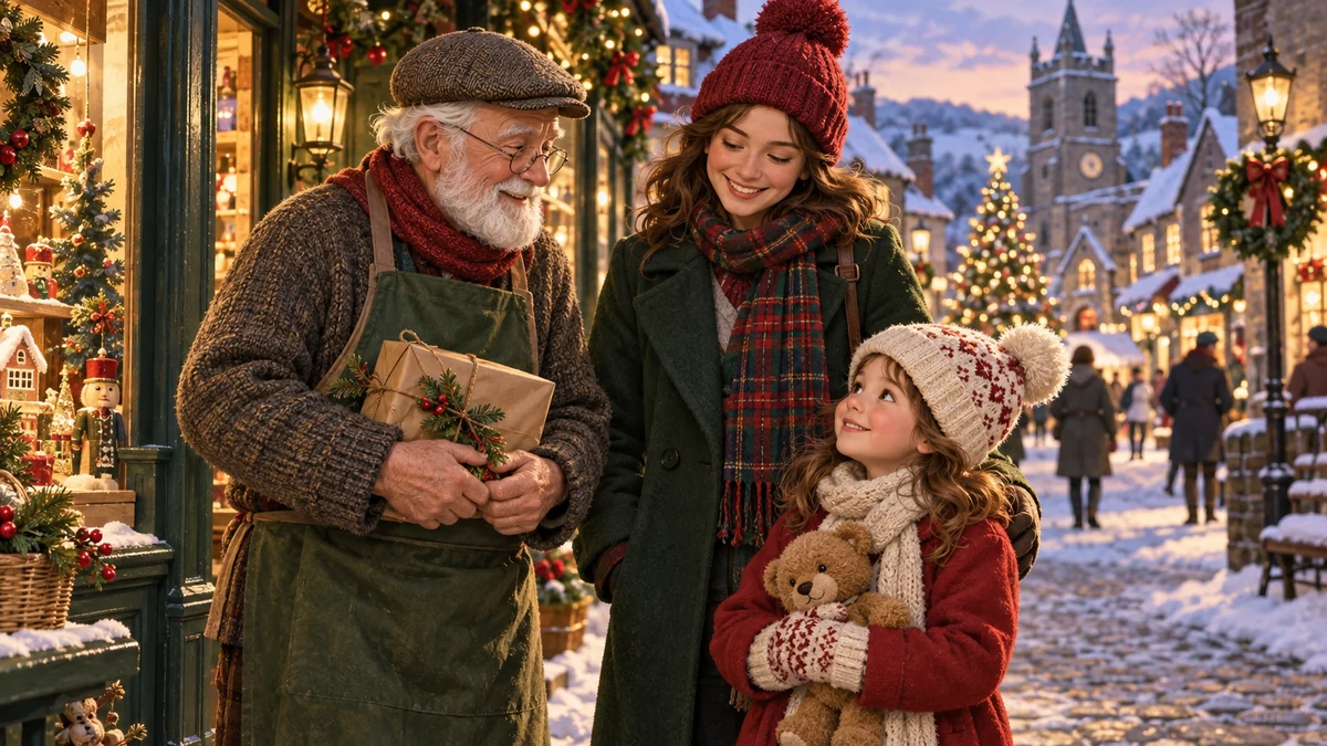 Shopkeeper neighbour and child in a festive village illustration Shopkeeper neighbour and child in a festive village illustration