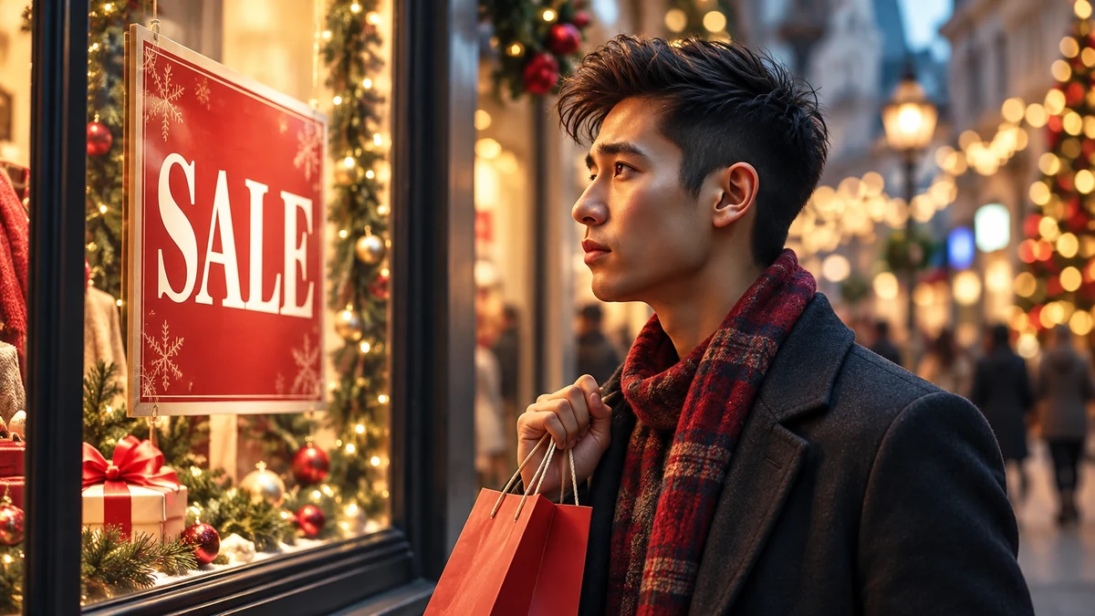 Shopper pausing beside a sale display with one shopping bag