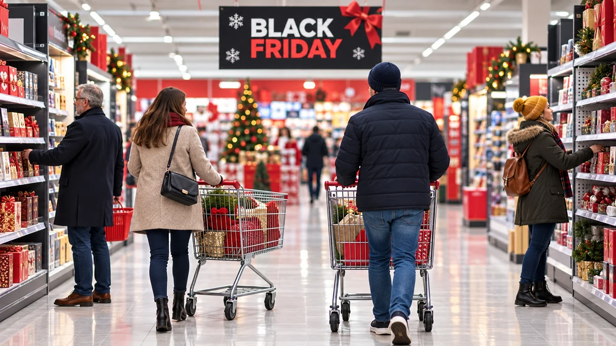 Shoppers with trolleys beneath a Black Friday sign