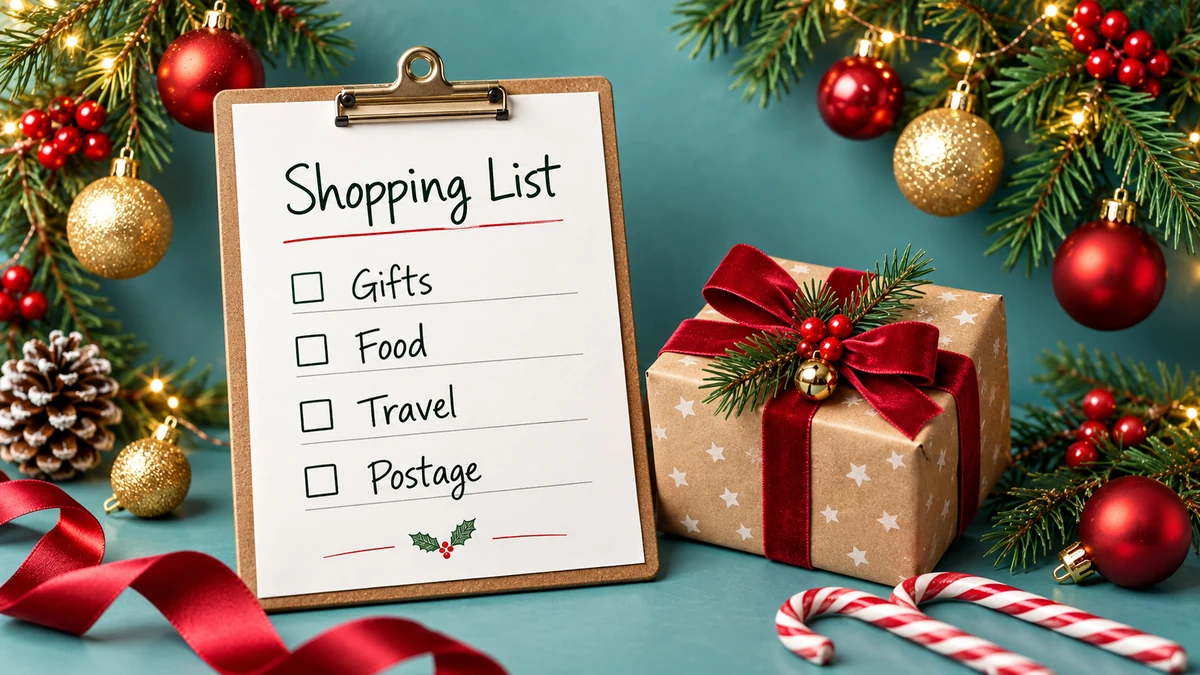 Shopping List clipboard beside a modest wrapped present Shopping List clipboard beside a modest wrapped present