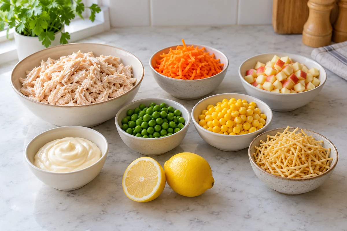 Shredded chicken, apple, vegetables and fine potato crisps for salpicão