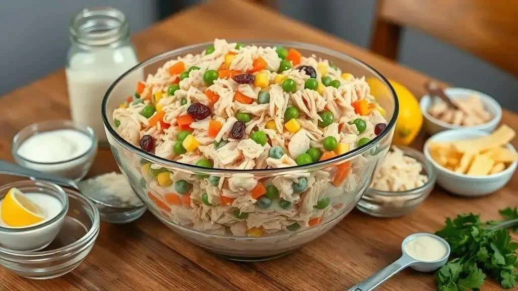 Shredded chicken salad with carrots peas and raisins