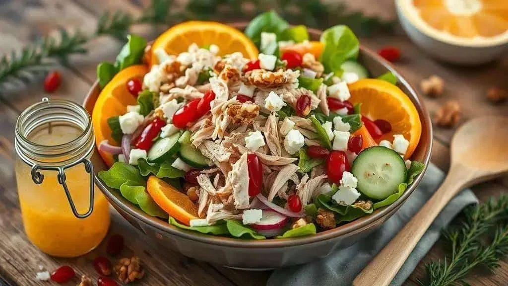 Shredded turkey salad with orange cucumber cheese and nuts Shredded turkey salad with orange cucumber cheese and nuts