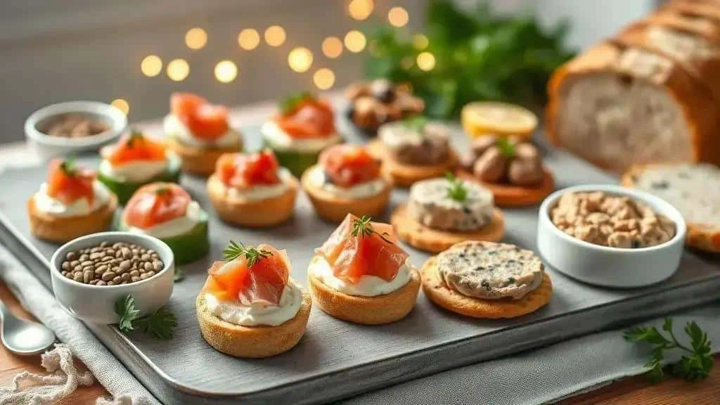 Simple canapé bases with vegetable and fish toppings Simple canapé bases with vegetable and fish toppings